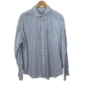 American Eagle Mens XL Button Down Shirt Blue White Striped Preppy Pocket Logo